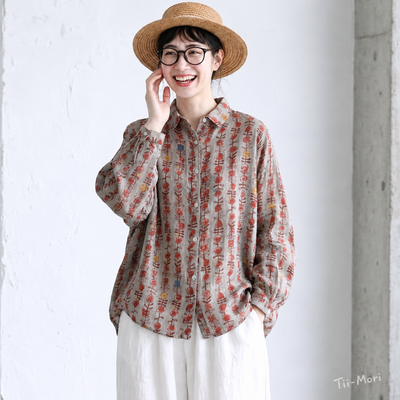 綿麻 ストライプ柄 花模様 レトロ シャツ