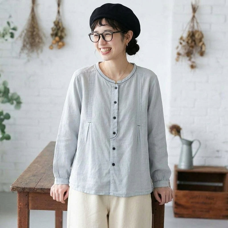 ボタン 長袖 無地 刺繍 レトロ シャツ