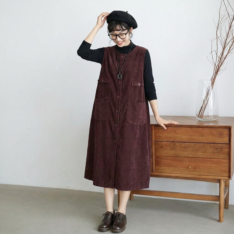 コーデュロイ 丸襟 ノースリーブ 前ボタン ポケット付き ワンピース