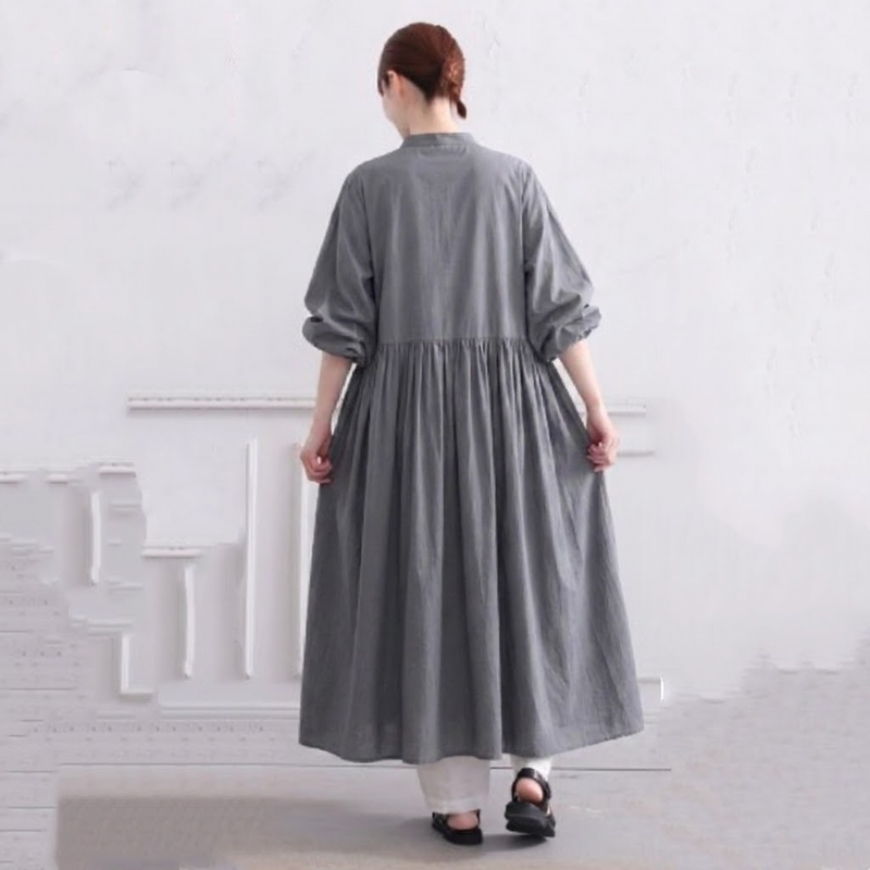 M/L Aライン パフスリーブ 七分袖 プリーツ 無地 ワンピース