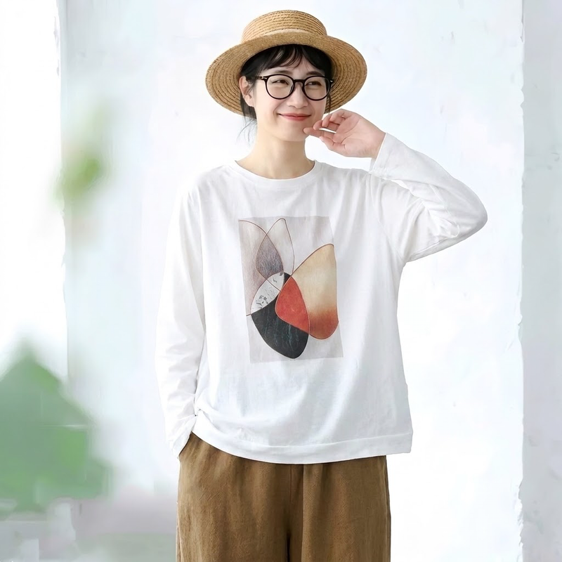 アートプリント クルーネック長袖Tシャツ