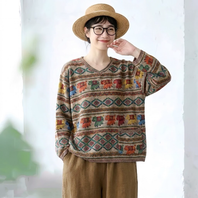 L-4XL 綿麻 動物柄 幾何模様 長袖 プリント 総柄 長袖トップス-ネイビー-4XL