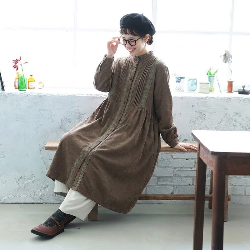 コーデュロイ フリルデザイン ミディ丈 厚み感 ワンピース
