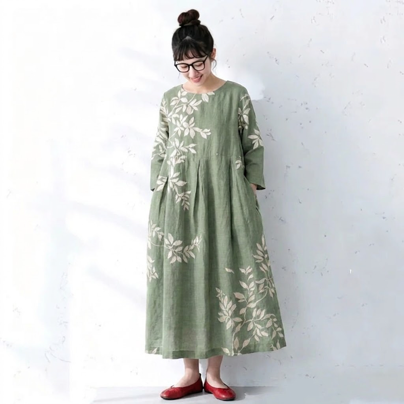 S~4XL 配色 Aライン プリント 七分袖 ワンピース