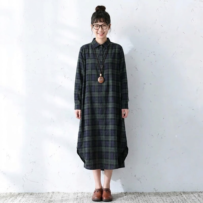 レトロ チェック 襟付き ロング丈 シャツワンピース