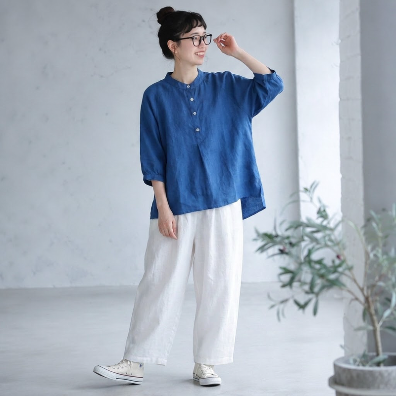 M~4XL レトロ ボタン ポケット付き スタンドネック シャツ