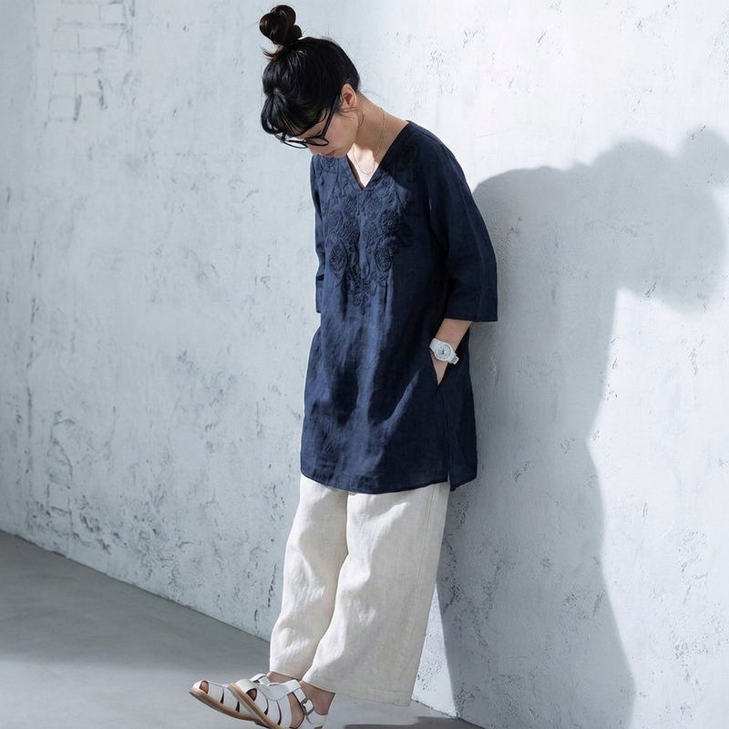 M-4XL 綿麻 刺繍 Vネック 半袖 ミディアム丈 チュニック