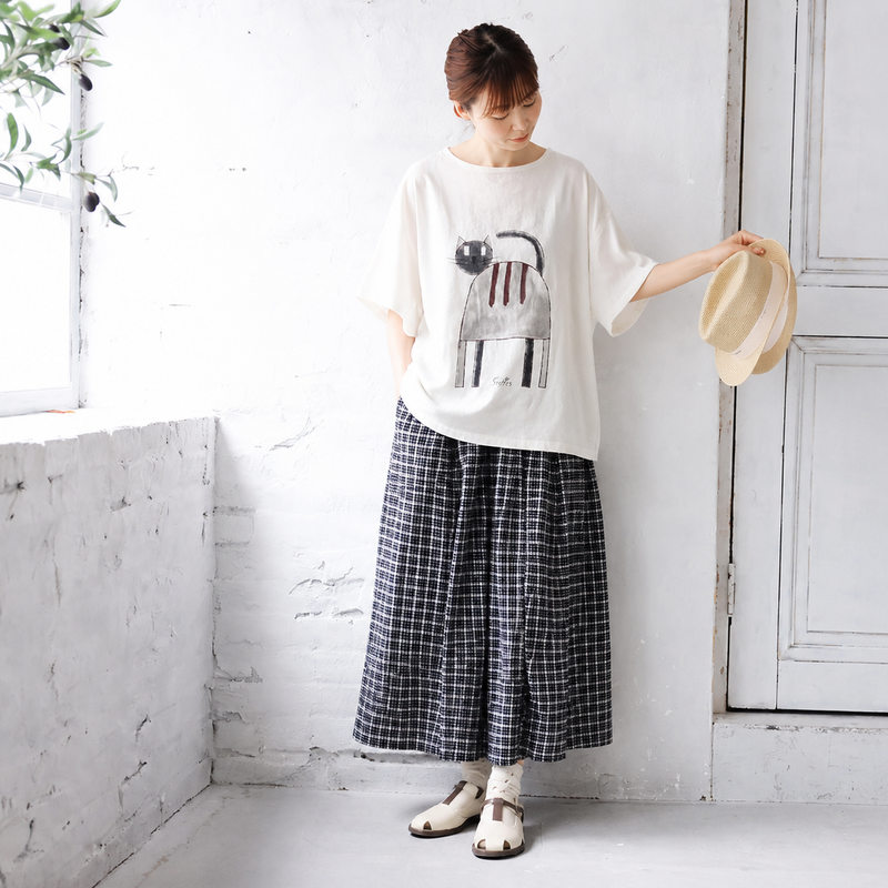 綿麻 ラウンドネック プリント プルオーバー 半袖 猫柄 Tシャツ