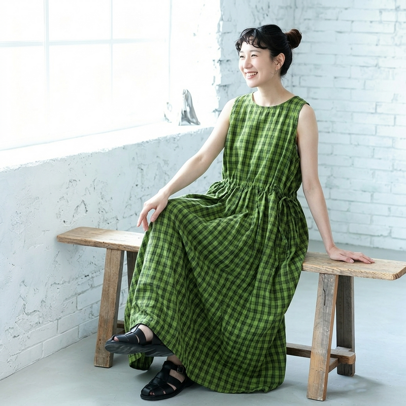 綿麻 ノースリーブ チェック柄 Aライン ラウンドネック キャミワンピース