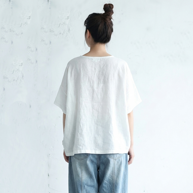 綿麻 プリント ラウンドネック レトロ Tシャツ