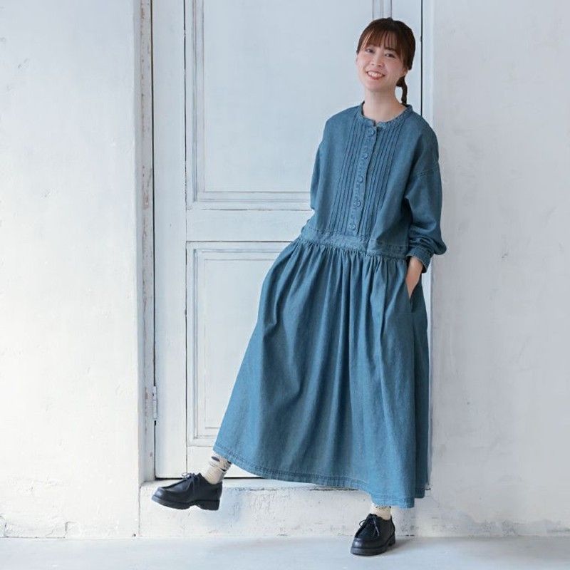M～5L デニム風 長袖Aラインワンピース