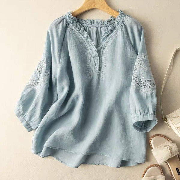綿麻 刺繍 ボタン 七分袖 Vネック シャツ