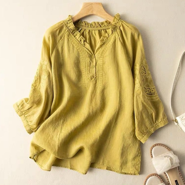 綿麻 刺繍 ボタン 七分袖 Vネック シャツ