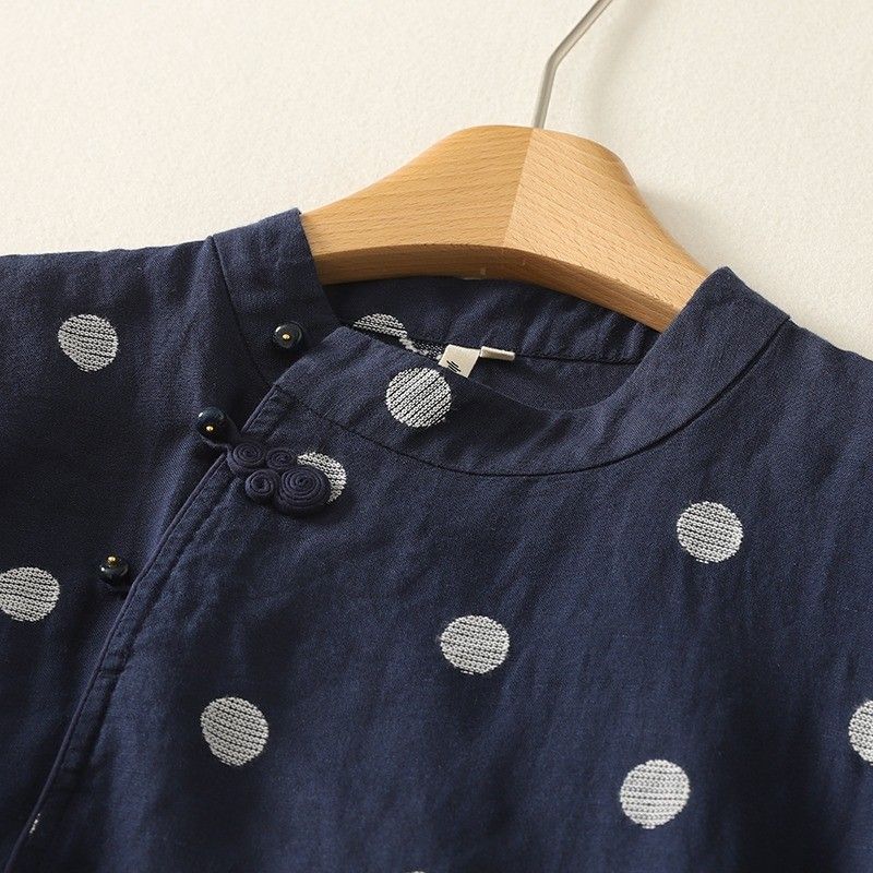 リネン×コットン混 ドット刺繍 ブラウス