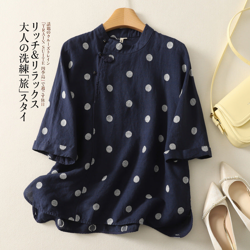 リネン×コットン混 ドット刺繍 ブラウス