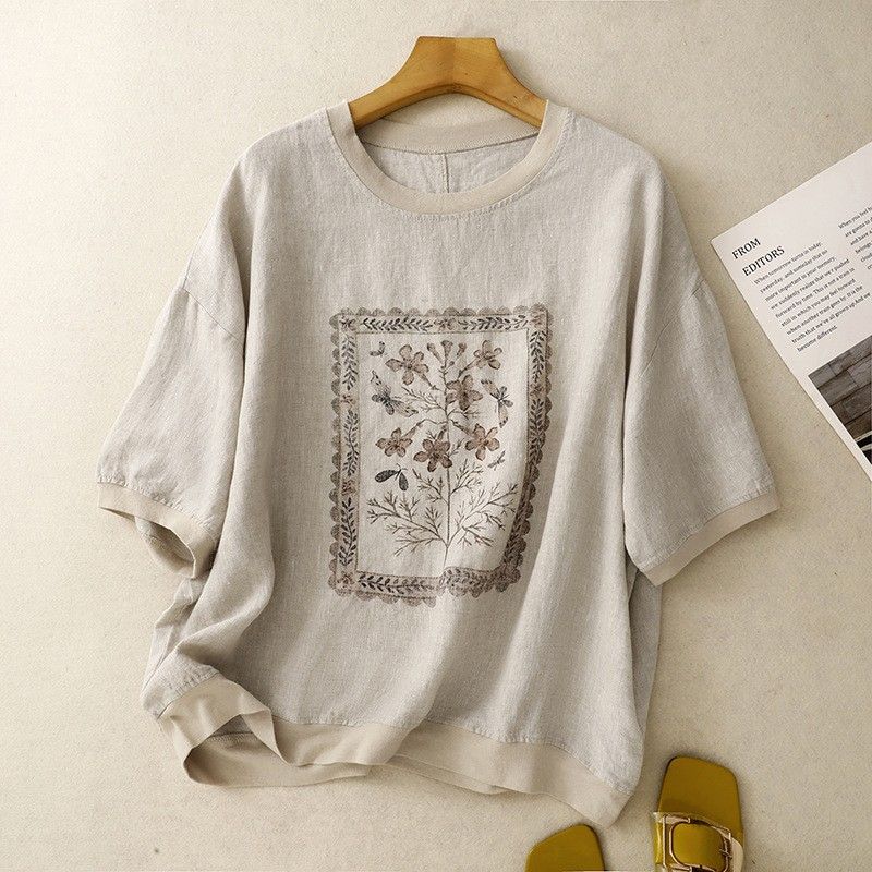 プリント コットン混 半袖Tシャツ ルーズ