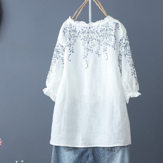 M～4XL 綿麻 ラウンドネック 五分袖 プリント Tシャツ
