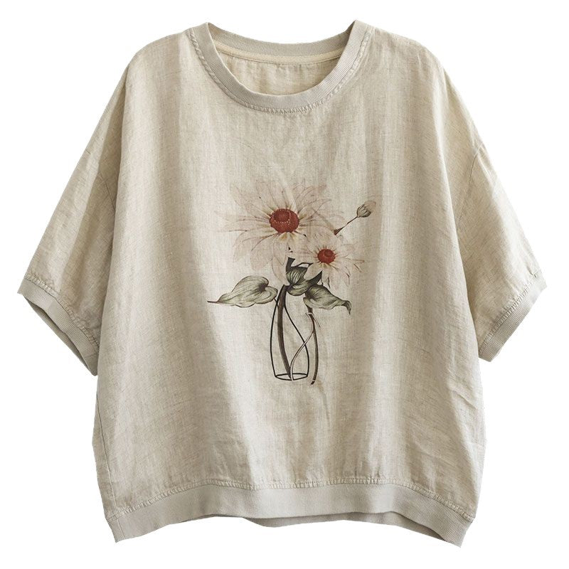 リネン プリント ラウンドネック ドルマンスリーブ 花模様 五分袖 Tシャツ