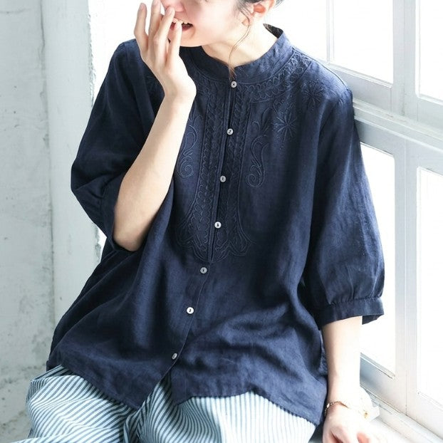 綿麻 ゆったり刺繍シャツ