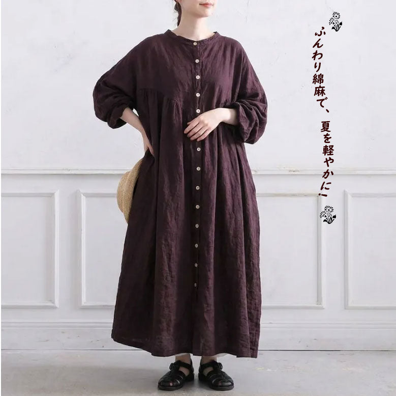 綿麻 バンドカラー長袖ストレートワンピース