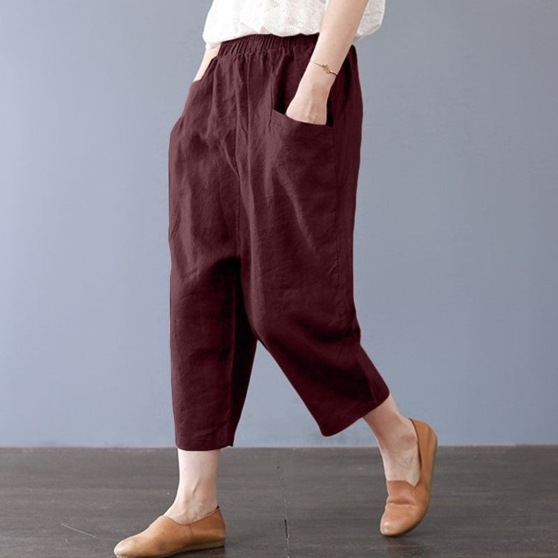 S～5XL 綿麻 無地 アンクル丈（9分丈） 着心地抜群 脚長効果 デイリーコーデ 通勤 パンツ