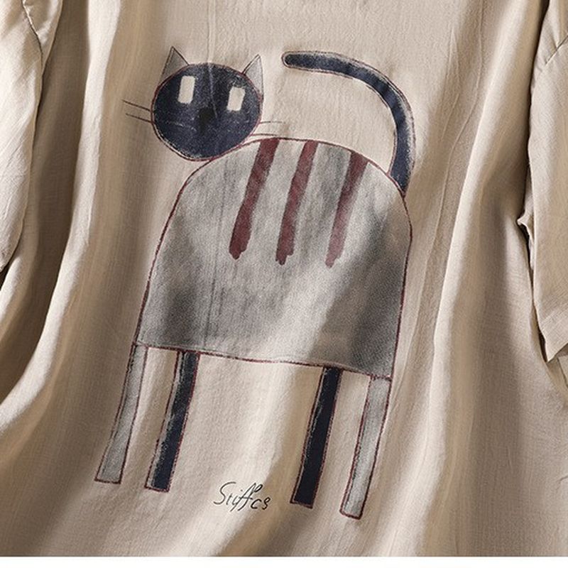 綿麻 ラウンドネック プリント プルオーバー 半袖 猫柄 Tシャツ