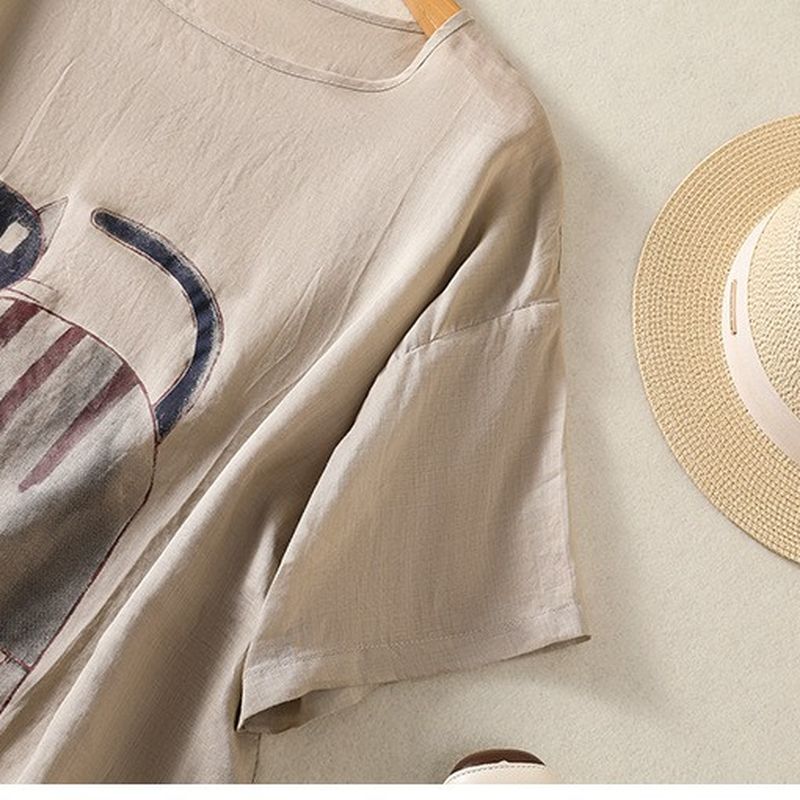 綿麻 ラウンドネック プリント プルオーバー 半袖 猫柄 Tシャツ