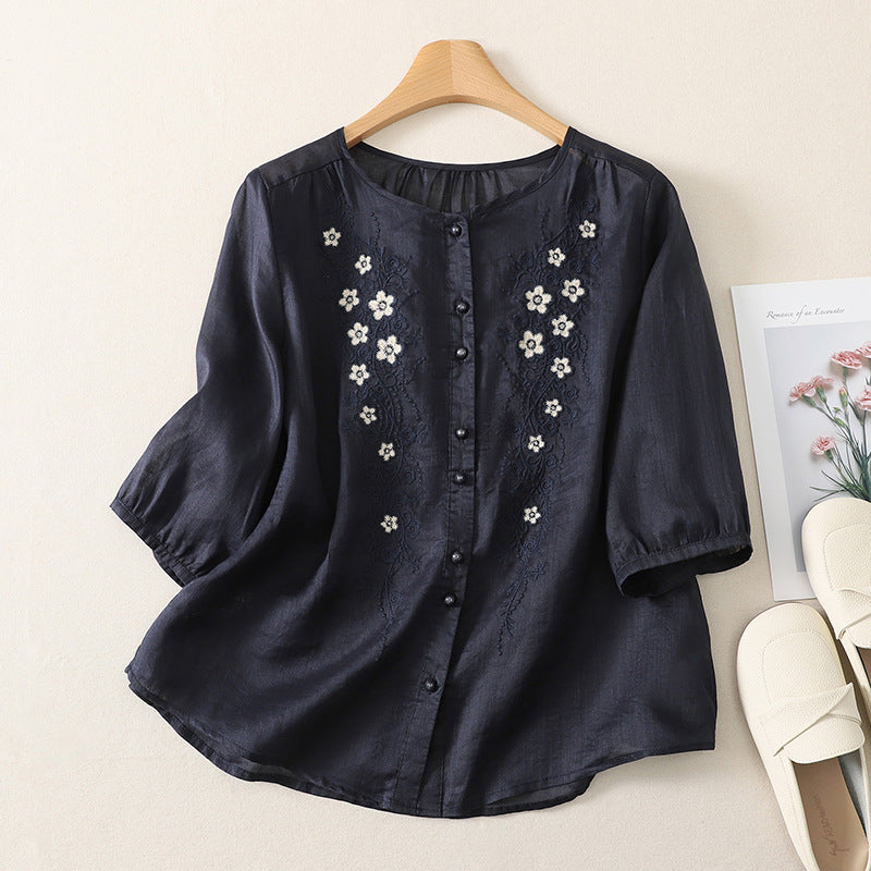 ストレッチ なし ボタン ホルターネック 刺繍 五分袖 レトロ シャツ