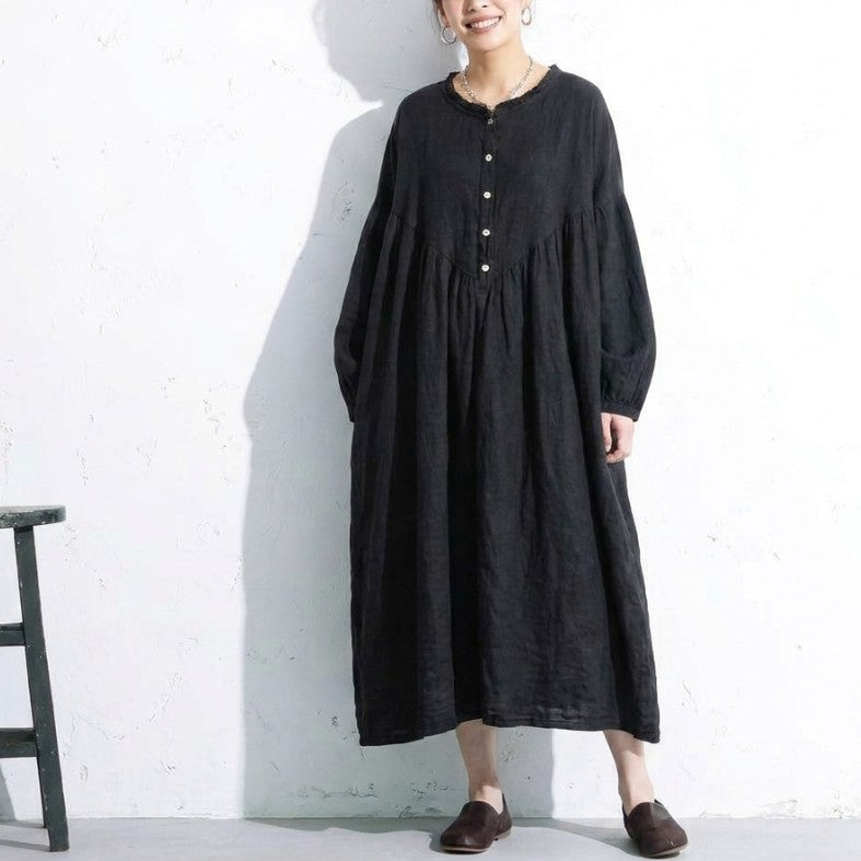 綿麻 バンドカラー長袖ストレートワンピース
