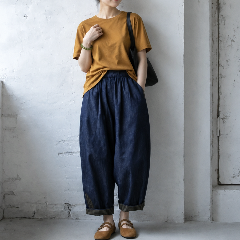 幾何模様 切り替え アンクル丈（9分丈） パンツ