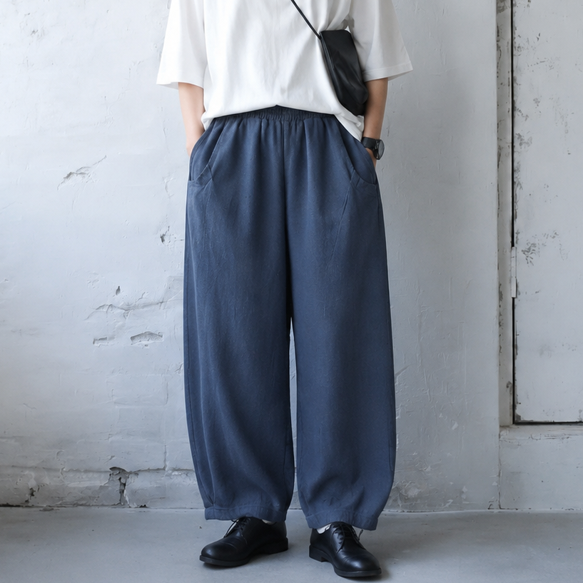 綿麻 ハイウエストワイドテーパードパンツ