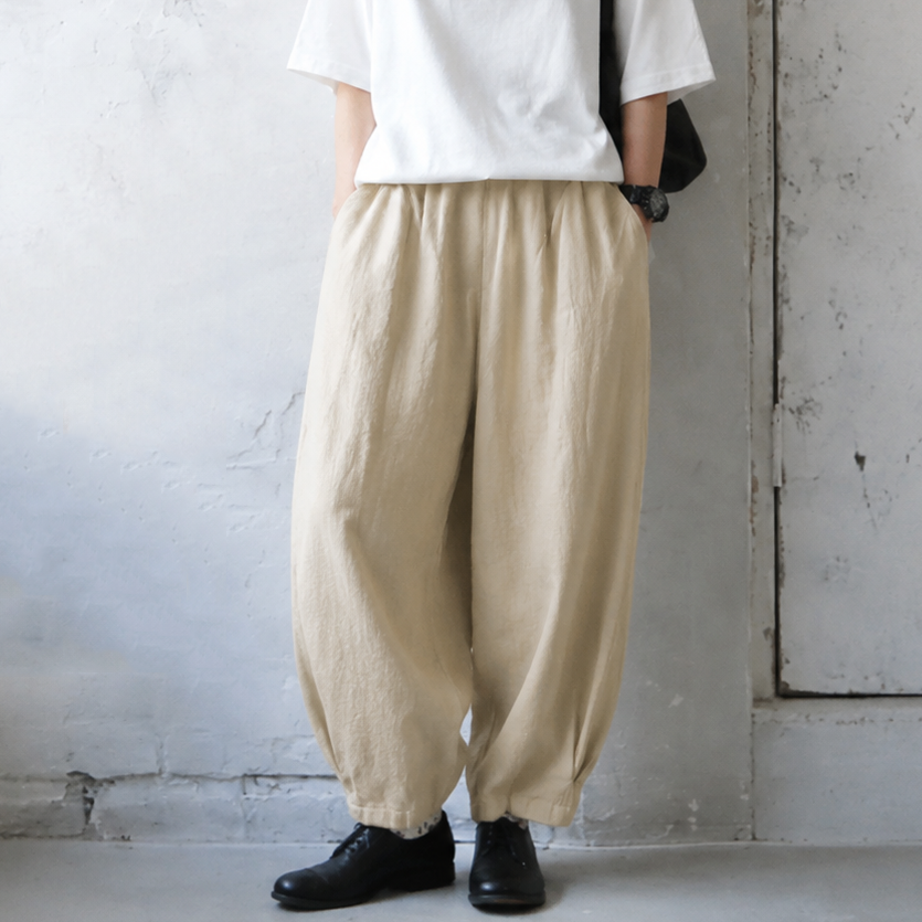 綿麻 ハイウエストワイドテーパードパンツ