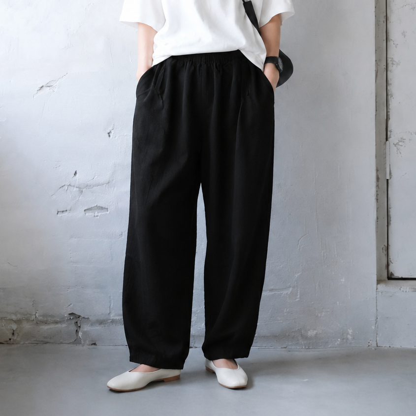綿麻 ハイウエストワイドテーパードパンツ