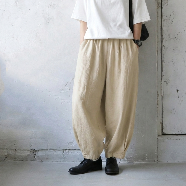 綿麻 ハイウエストワイドテーパードパンツ