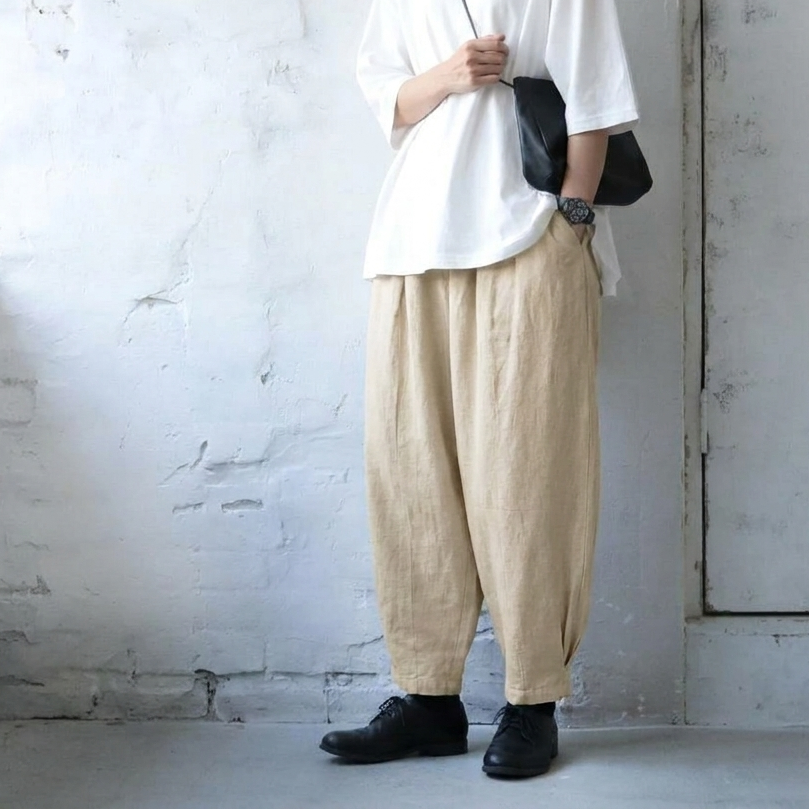 綿麻 ハイウエストワイドテーパードパンツ