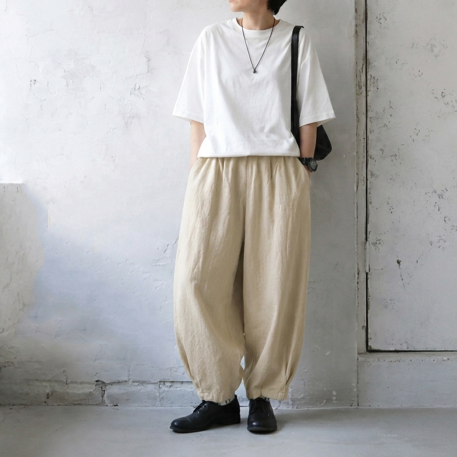 綿麻 ハイウエストワイドテーパードパンツ