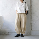 綿麻 ハイウエストワイドテーパードパンツ