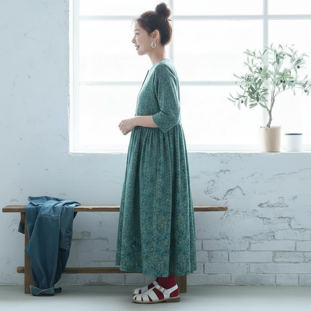 M～5XL 北欧の花畑 Aライン 五分袖ワンピース