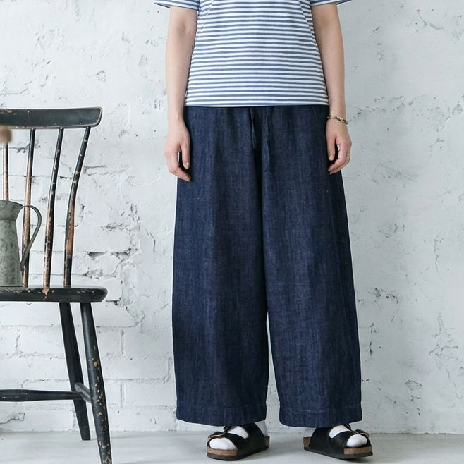 ベルト付き デニムワイドクロップドパンツ