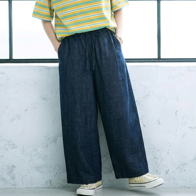ベルト付き デニムワイドクロップドパンツ