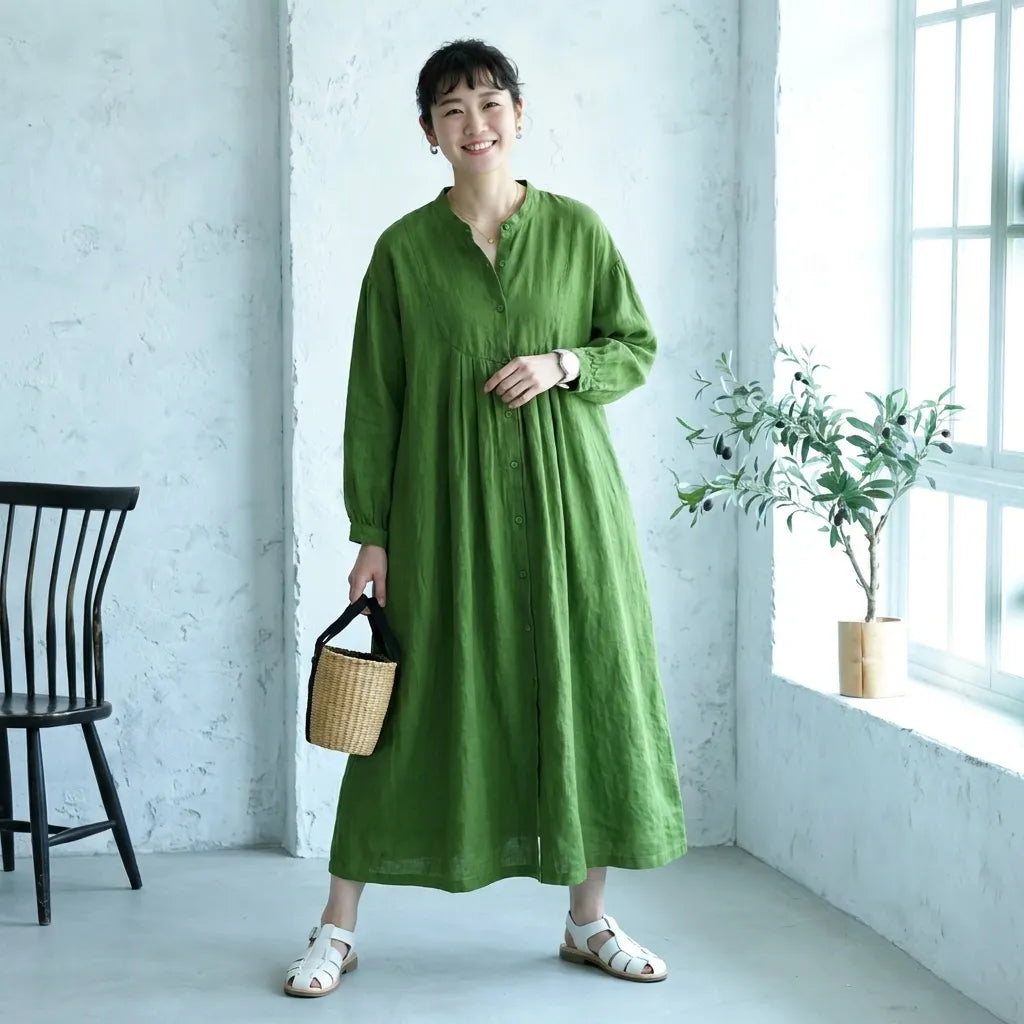 綿麻 長袖 リネングリーン ワンピース