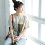 S～4XL 綿麻 半袖 プリント プルオーバー ラウンドネック シャツ