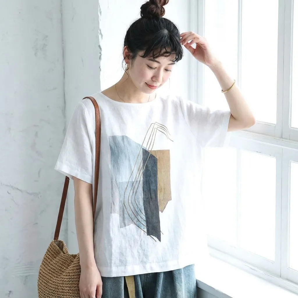 S～4XL 綿麻 半袖 プリント プルオーバー ラウンドネック シャツ