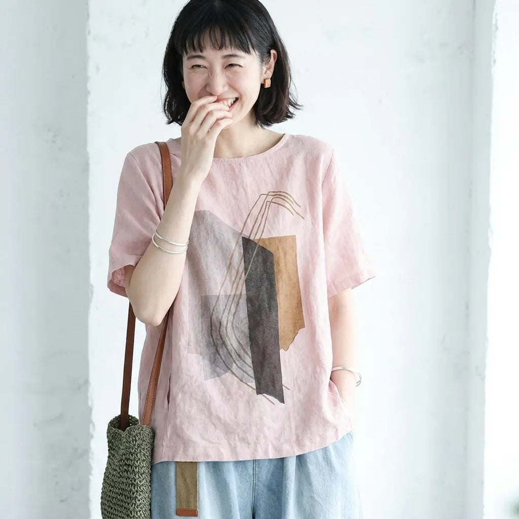 S～4XL 綿麻 半袖 プリント プルオーバー ラウンドネック シャツ
