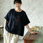 綿麻 ラウンドネック プリント プルオーバー 半袖 猫柄 Tシャツ