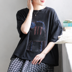 綿麻 ラウンドネック プリント プルオーバー 半袖 猫柄 Tシャツ