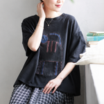 綿麻 ラウンドネック プリント プルオーバー 半袖 猫柄 Tシャツ