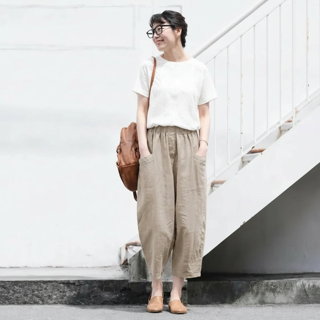 S～5XL 綿麻 無地 アンクル丈（9分丈） 着心地抜群 脚長効果 デイリーコーデ 通勤 パンツ