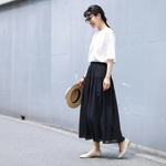 綿麻 Aライン ハイウエスト ロング 無地 スカート