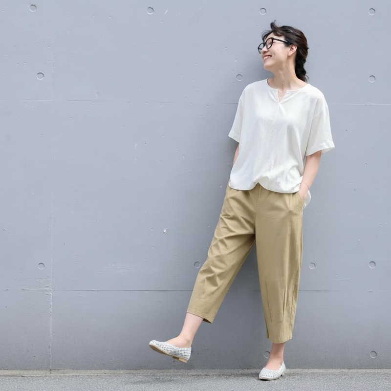 綿麻 プリーツ 8分丈 カジュアルパンツ